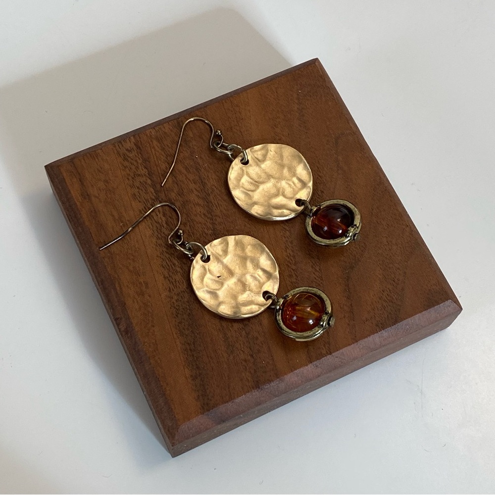 4/$15 Gold Hammered Disk Brown Beads Drop Earrings